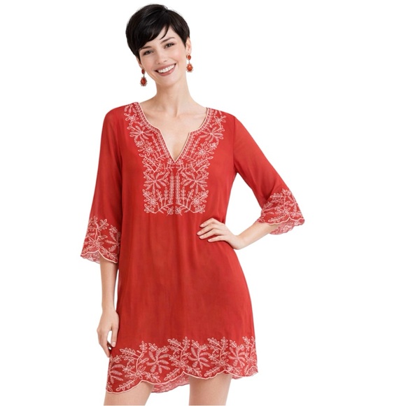 Monoreno Tops - Monoreno Women’s Embroidered Tunic Top Size Medium V-Neck Cover-Up Coral Color